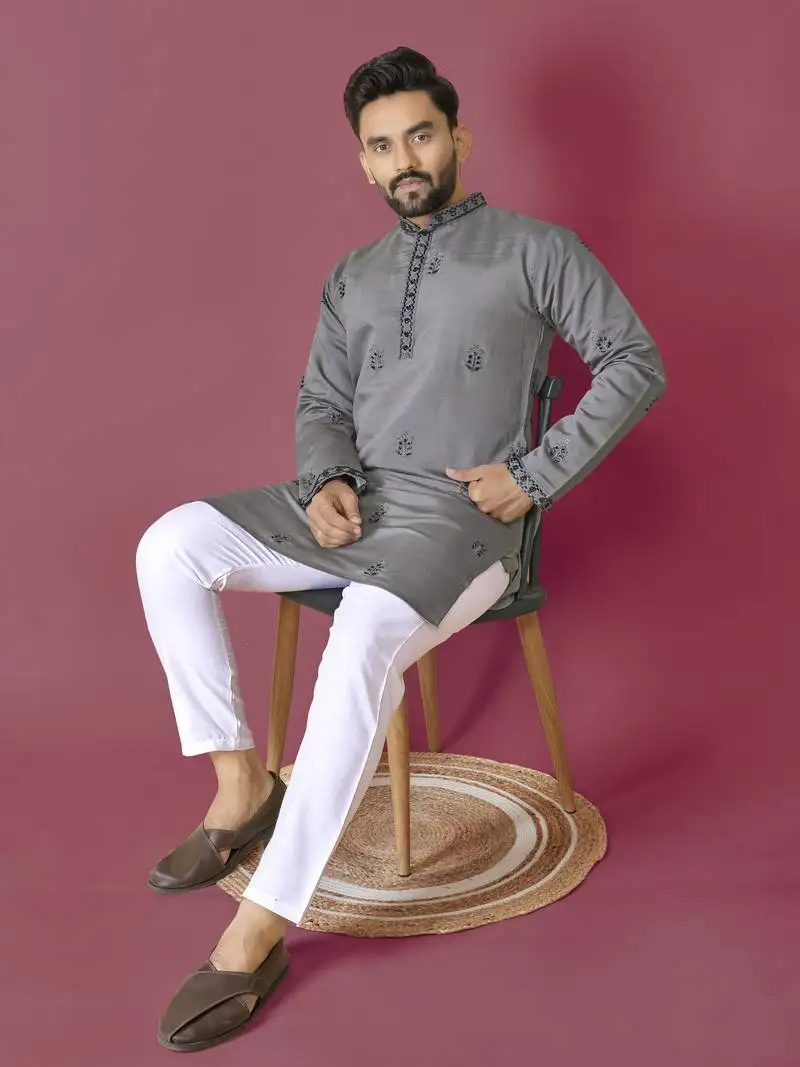 Grey roman silk val-moti hand work with cotton inner kurta pajama set