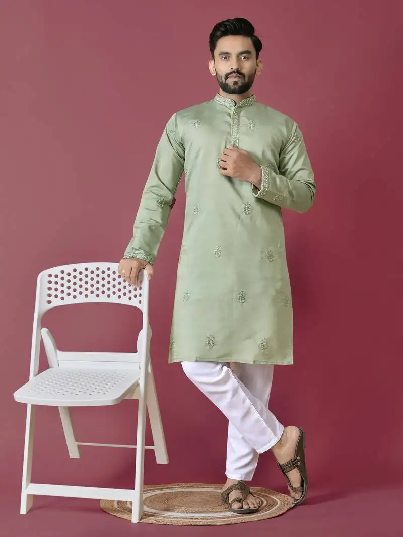 Pista roman silk val-moti hand work with cotton inner kurta pajama set