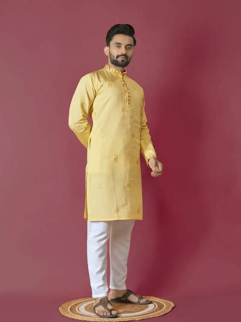 Yellow roman silk val-moti hand work with cotton inner kurta pajama set
