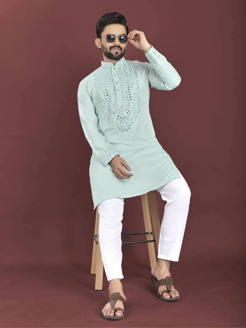Sea blue soft silk real mirror handwork on neck & sleeve kurta pajama set