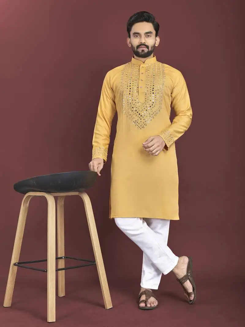 Yellow soft silk real mirror handwork on neck & sleeve kurta pajama set