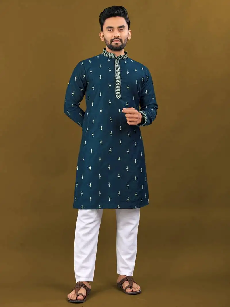 Navy blue matka silk sliver zari with embroidery butti work kurta pajama set