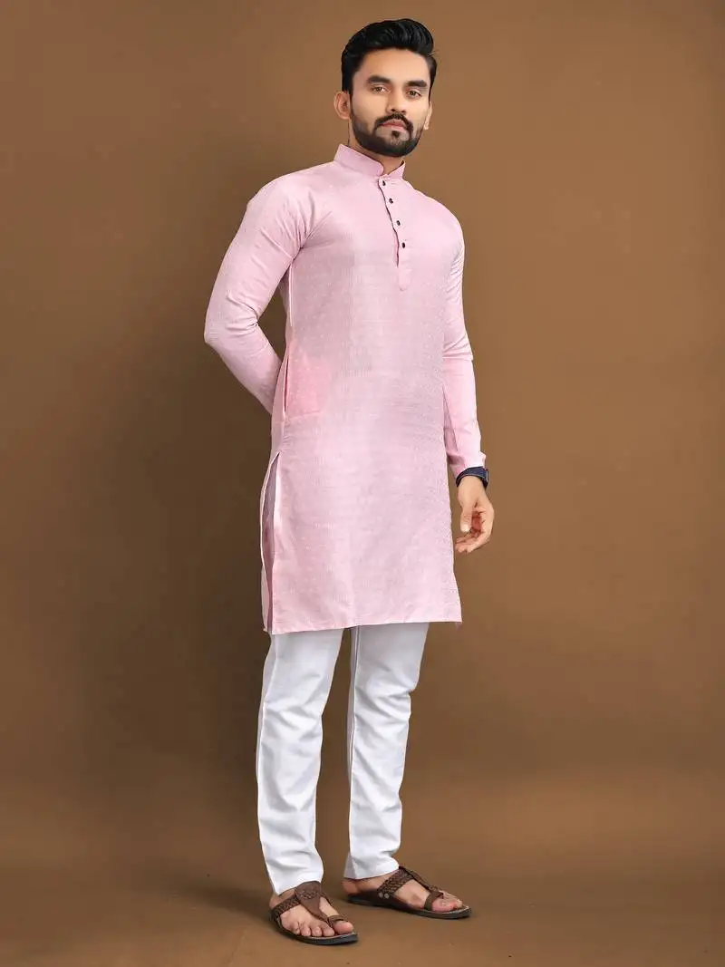 Pink soft jacquard silk with seft butti kurta pajama set