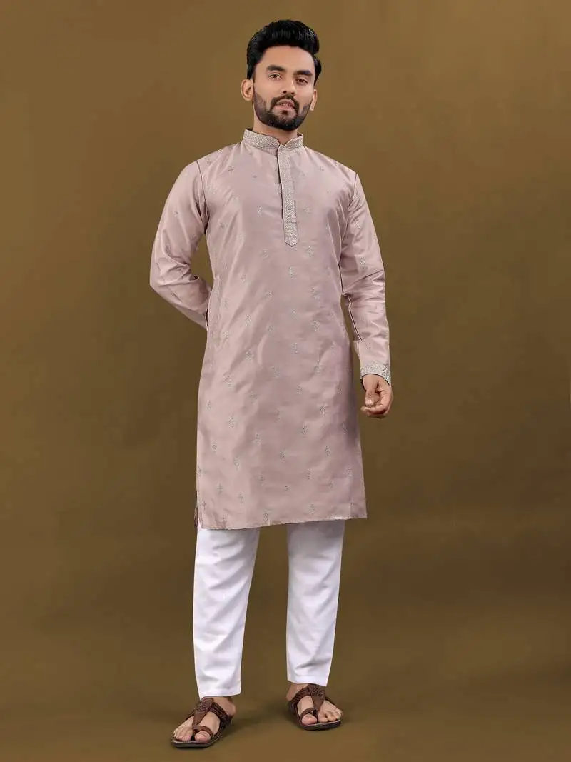 Mauve matka silk sliver zari with embroidery butti work kurta pajama set