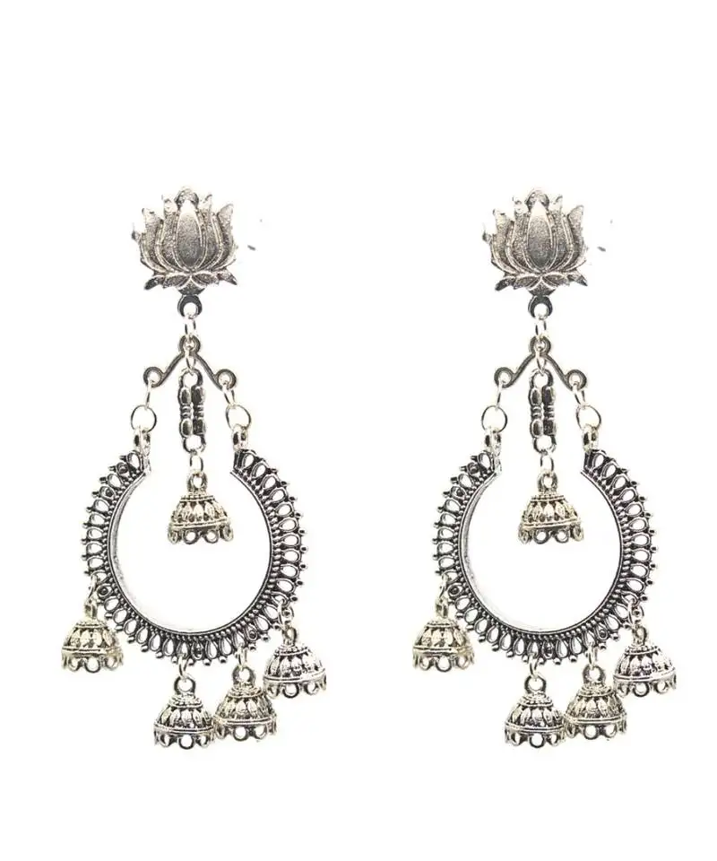 Oxidized silver lotus jhumka earrings for women indian traditional hoop dangle earrings with bell charms