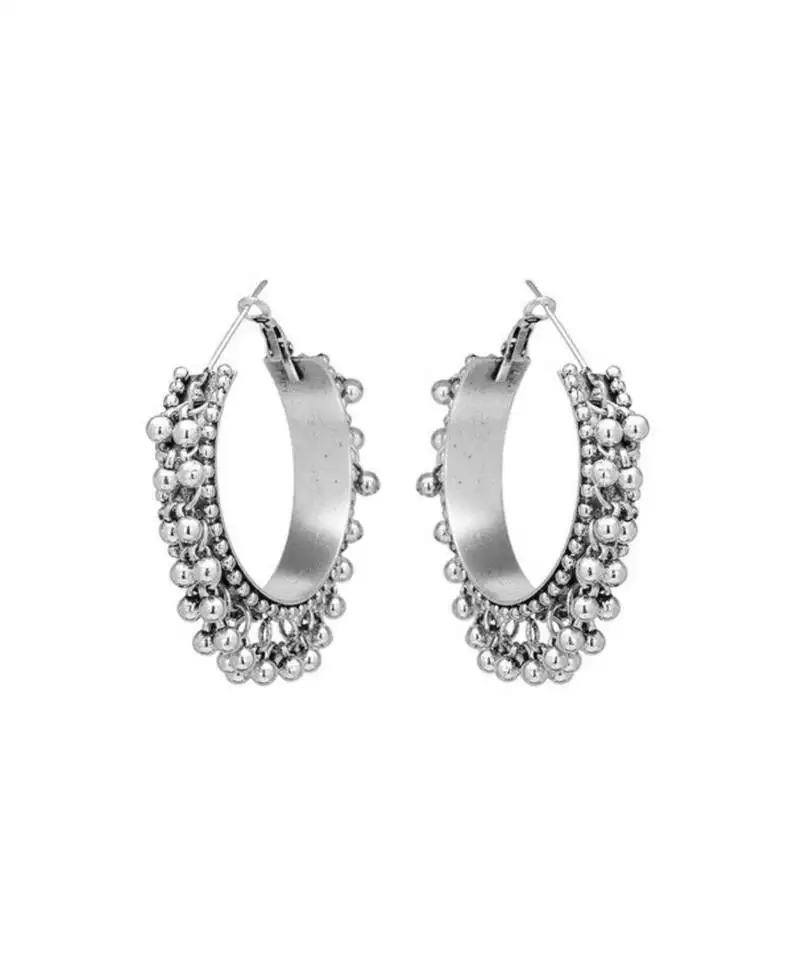 Exquisite antique silver-plated hoop earrings with intricate beaded detailing, jewelry for women