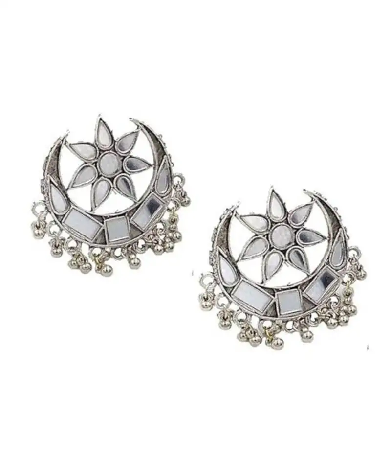 Traditional antique silver-plated crescent moon stud oxydised earrings with floral mirror work hanging beaded