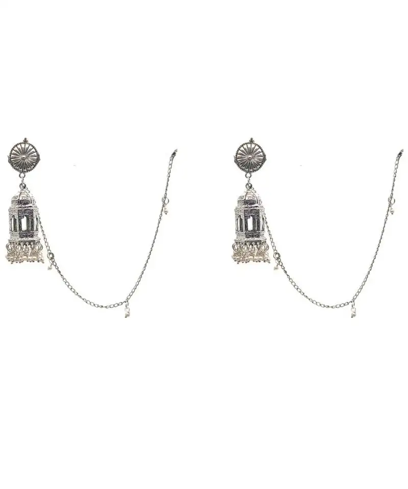 Exquisite oxidized silver jhumka earrings with chain mughal architecture inspired dome lantern style jhumki