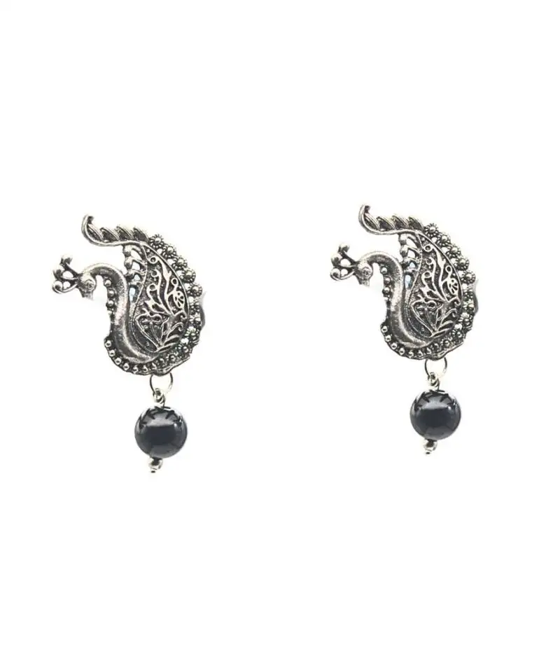 Antique silver peacock earrings with black beads – traditional ethnic jewelry earrings for women