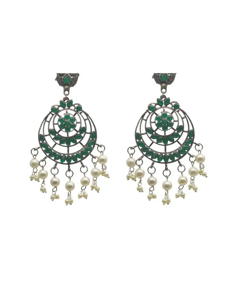 Antique silver-plated ethnic chandbali oxydised earrings with green detailing and hanging pearl beads