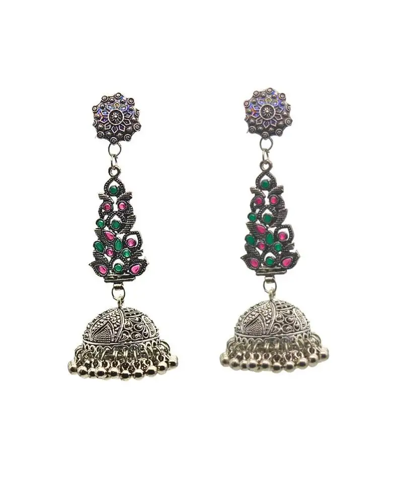 Oxidized silver jhumka earrings with floral studs, long earrings.