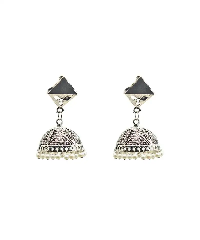 Oxidized silver dome jhumka earrings with geometric stud and pearl droplets.