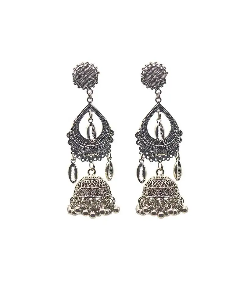 Exquisite oxidized silver chandbali jhumka earrings with intricate filigree work and beaded accents