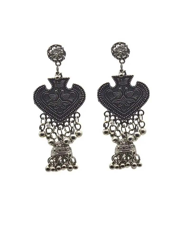 Antique silver-plated tribal peacock design oxydised dangle earrings with intricate detailing and hanging beads.