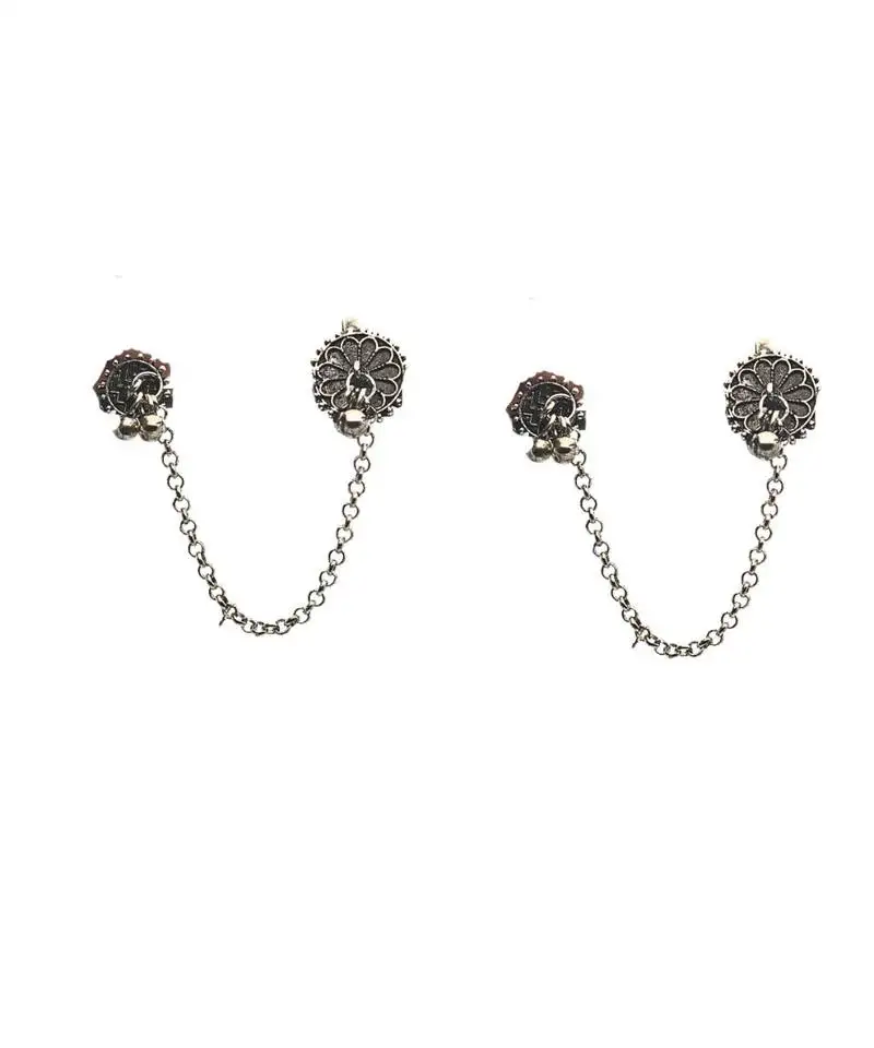 Silver oxidised ghungroo dangler long earrings with chains textured bold, statement-making design for women