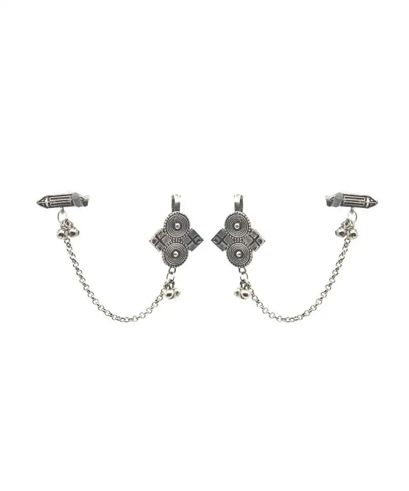Oxidised floral charms earcuffs earring with chain edgy elegance and bold modern design for women vintage style