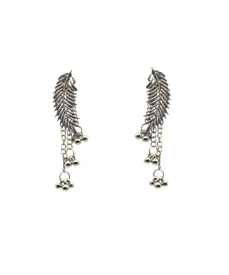 Silver leaf dangle earrings with intricate detailing and hanging beads.