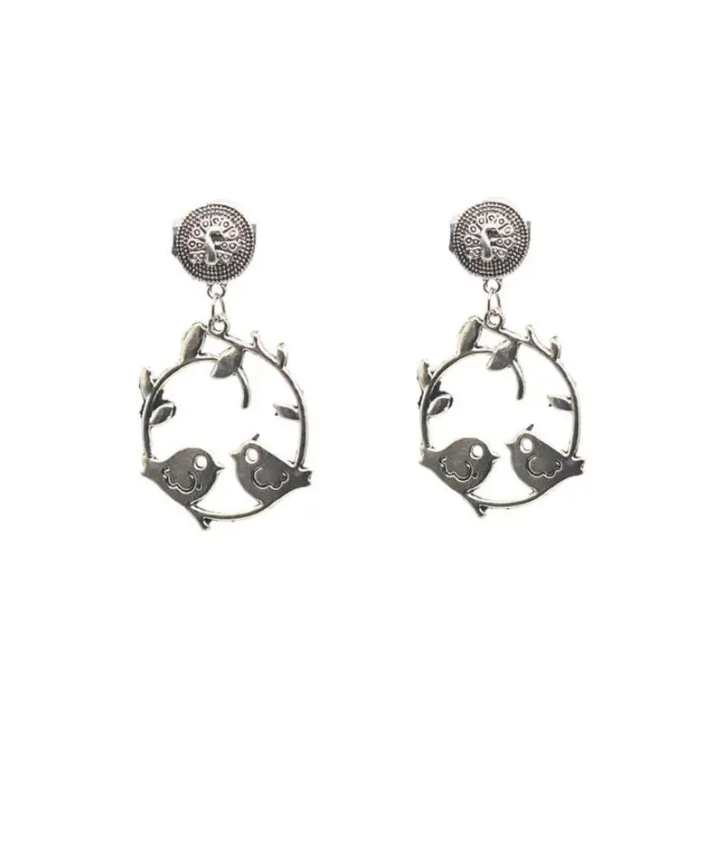 Antique silver-plated love birds hoop earrings with intricate branch detailing traditional indian