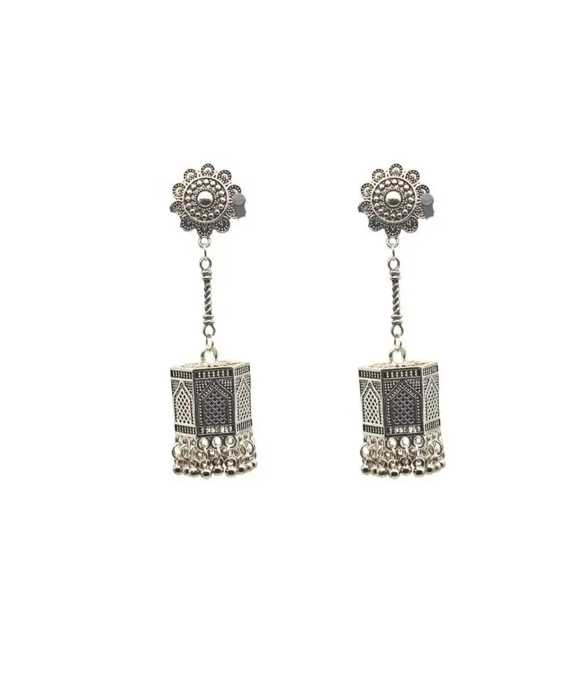 Silver-plated earrings oxidized long jhumka for women boho tribal statement jewelry with hanging ghungroo beads