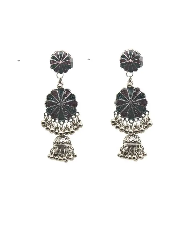 Dual-tier oxidized silver jhumka earrings with floral motif and intricate beaded detailing traditional earring