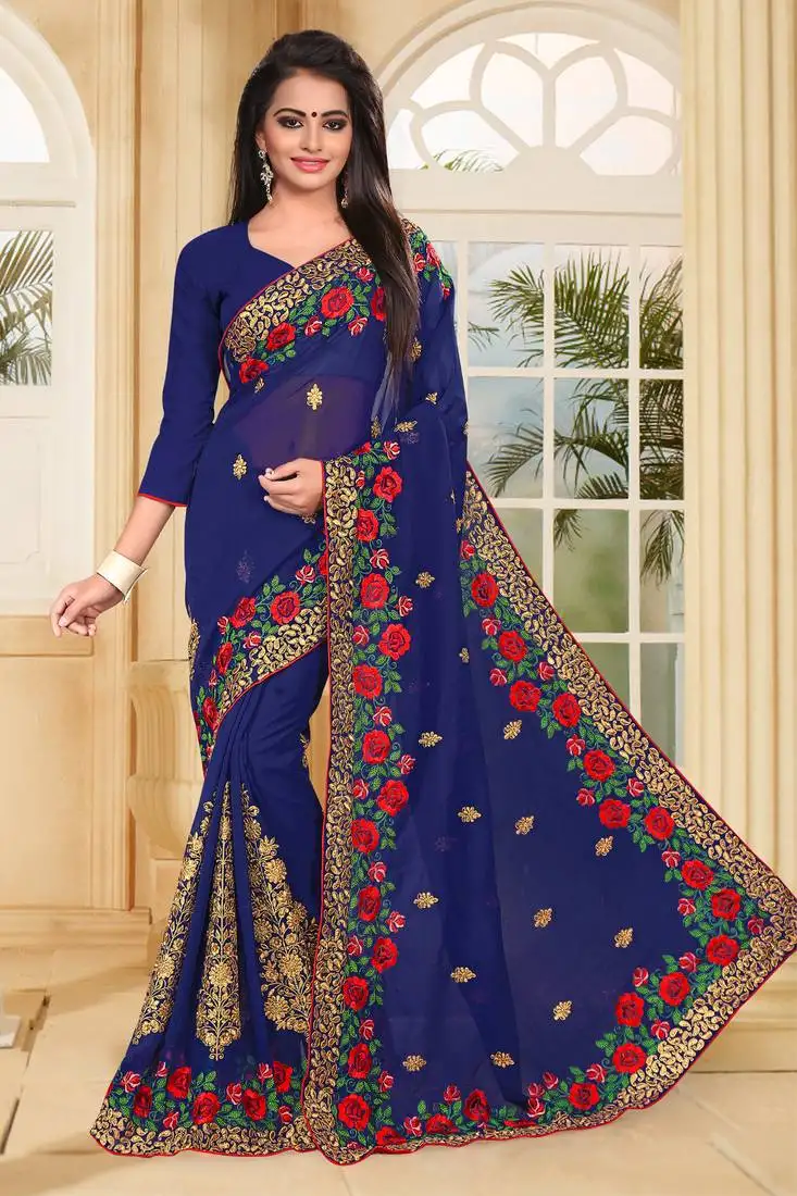 Navy blue embroidered border georgette saree with matching blouse piece