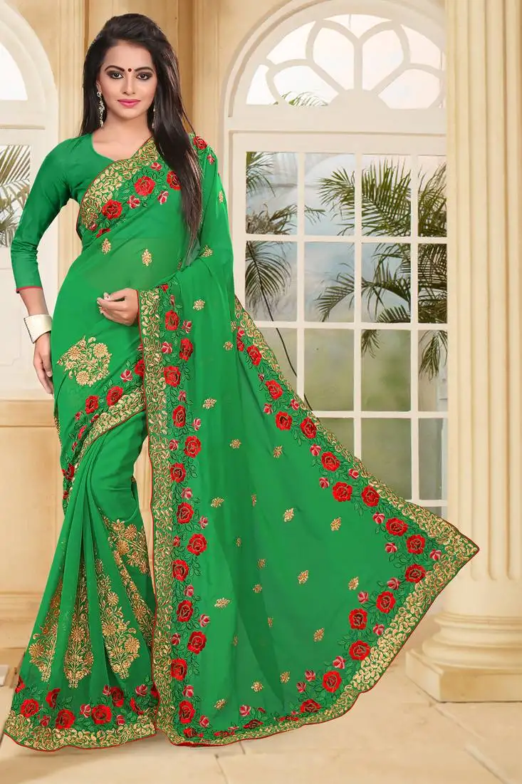 Green embroidered border georgette saree with matching blouse piece