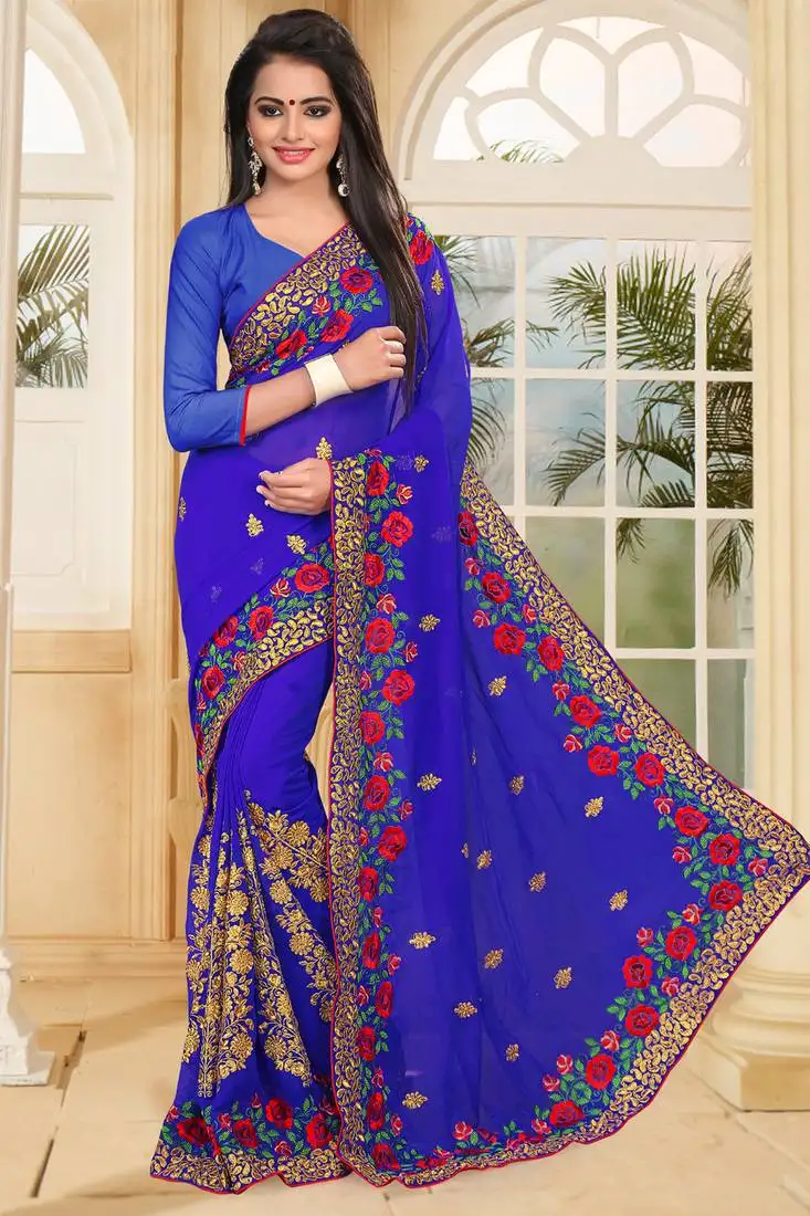 Blue embroidered border georgette saree with matching blouse piece