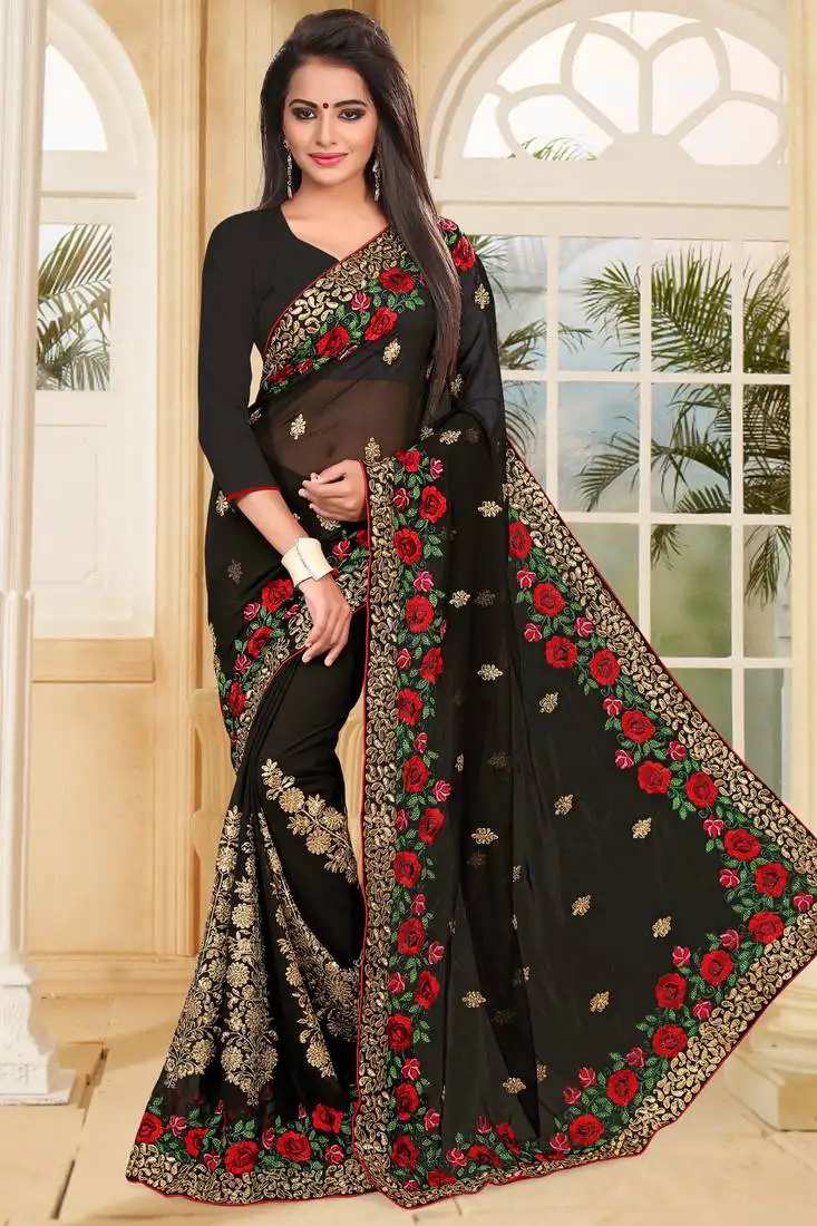 Black embroidered border georgette saree with matching blouse piece