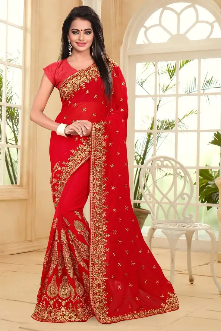 Red embroidered border georgette saree with matching blouse piece