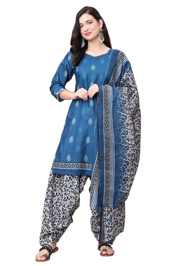 Blue cotton blend printed ready to wear patiala salwar suit stitched