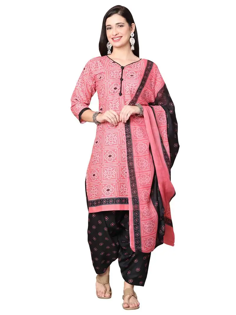 Pink cotton blend printed ready to wear patiala salwar suit stitched