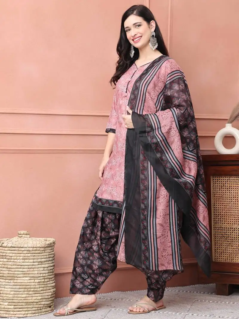 Mauve cotton blend printed ready to wear patiala salwar suit stitched