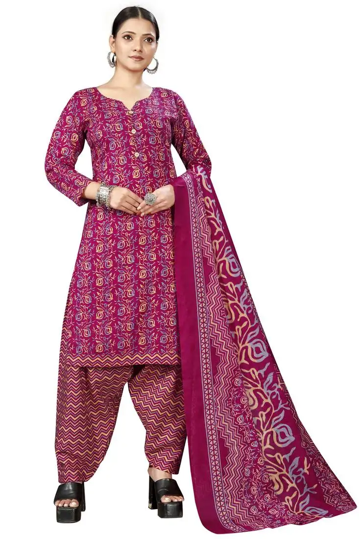 Magenta cotton blend printed ready to wear patiala salwar suit stitched