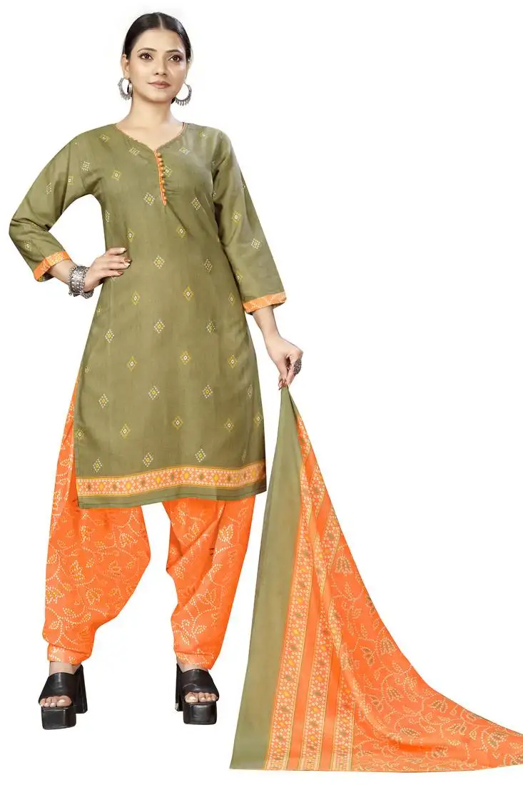 Mahendi green cotton blend printed ready to wear patiala salwar suit stitched