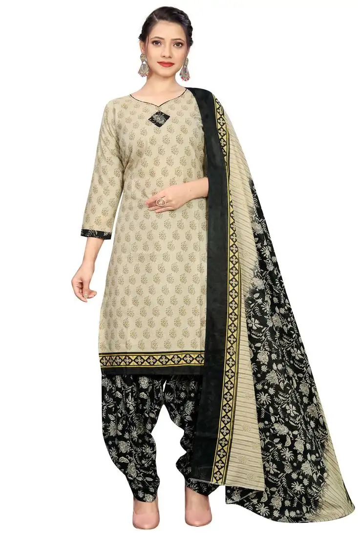 Beige cotton blend printed ready to wear patiala salwar suit stitched