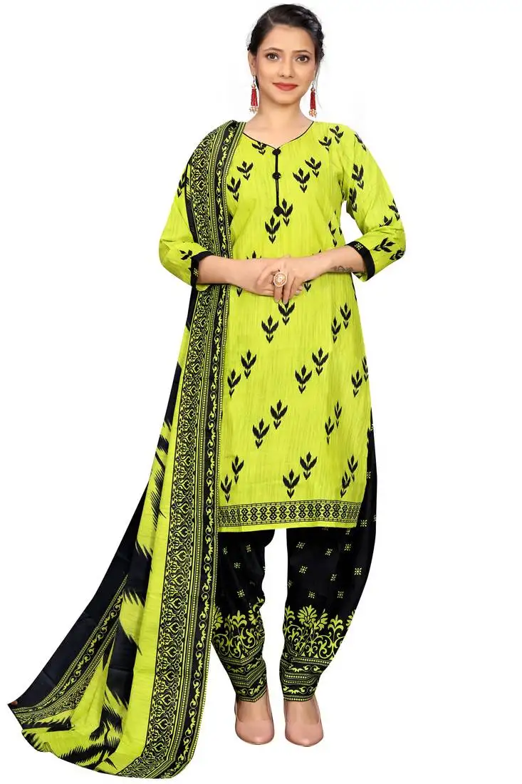 Neon yellow cotton blend printed ready to wear patiala salwar suit stitched