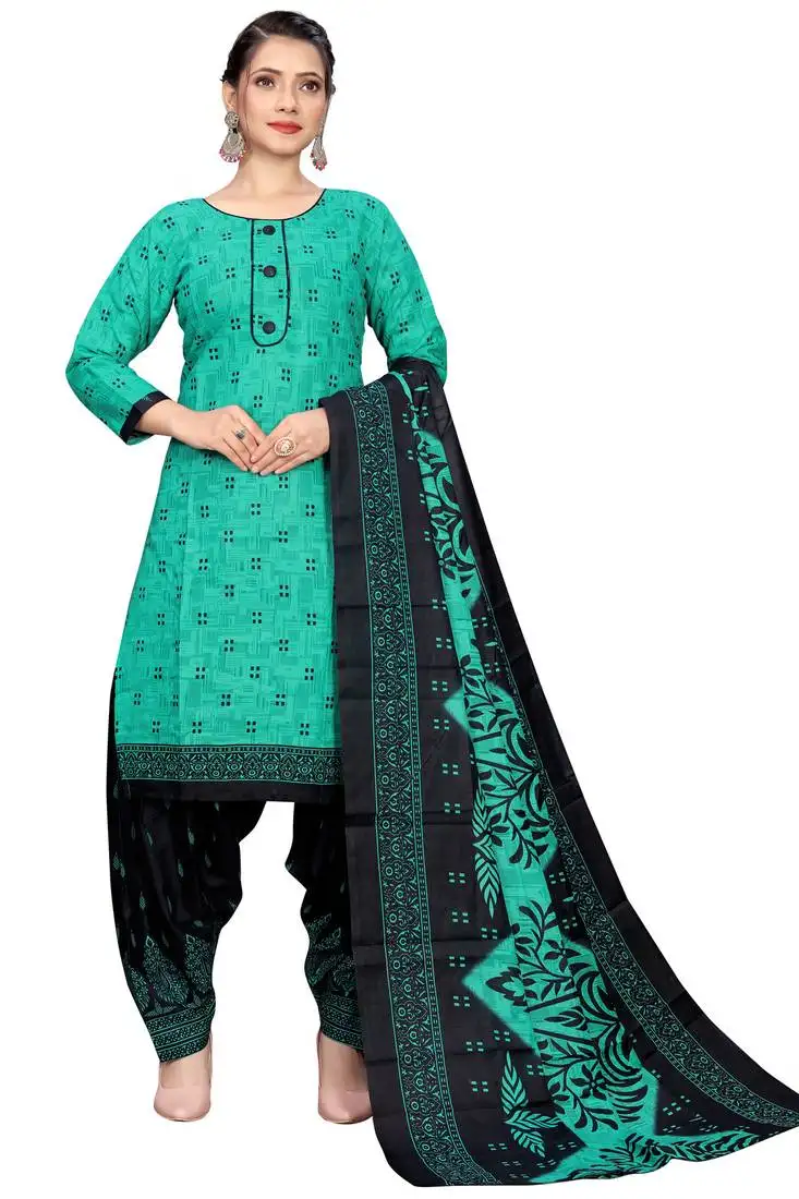 Rama green cotton blend printed ready to wear patiala salwar suit stitched
