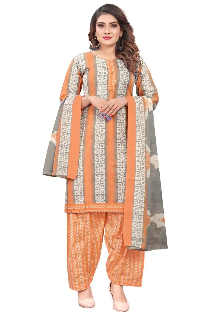 Light orange & white cotton blend printed ready to wear patiala salwar suit stitched