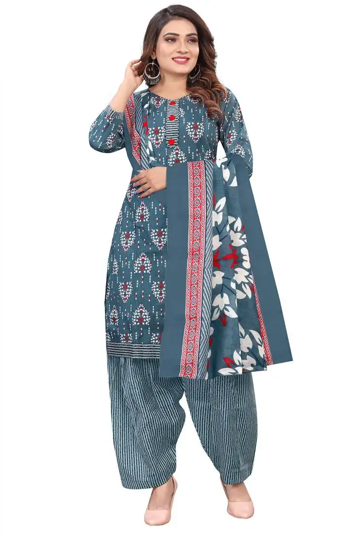 Grey & white cotton blend printed ready to wear patiala salwar suit stitched