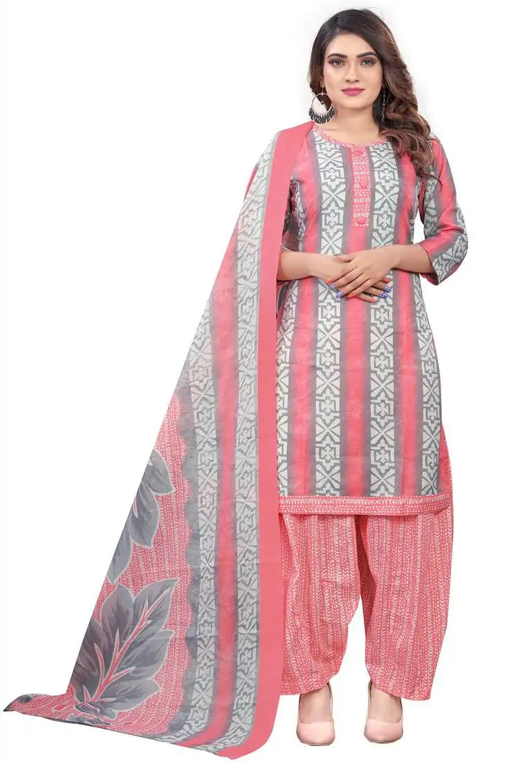 Peach & white cotton blend printed ready to wear patiala salwar suit stitched