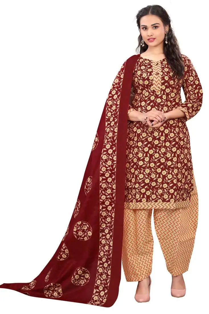 Maroon & beige cotton blend printed ready to wear patiala salwar suit stitched