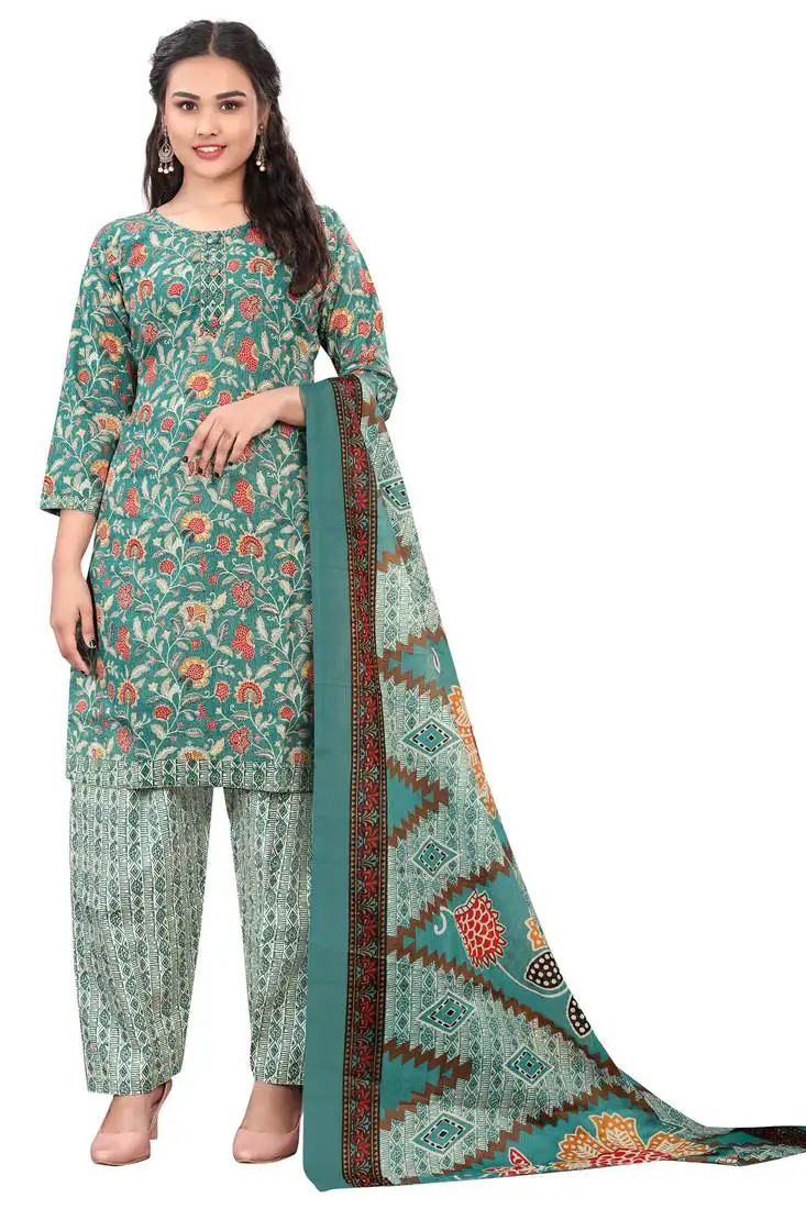 Sea green cotton blend printed ready to wear patiala salwar suit stitched