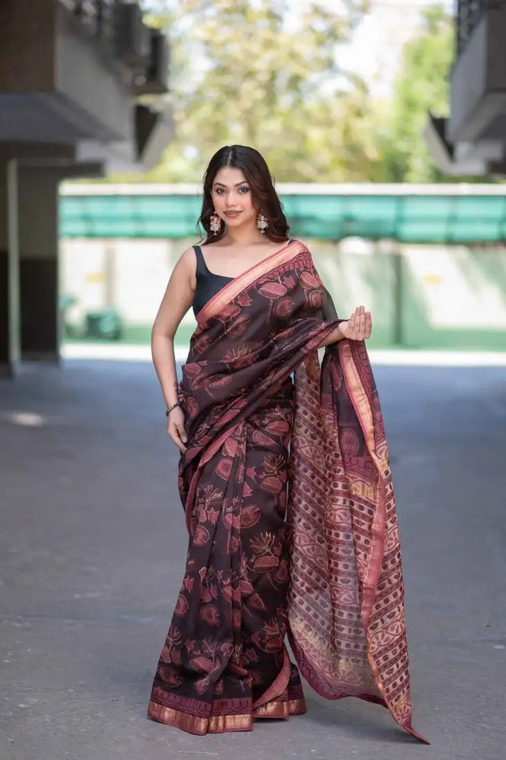 Maroon ajrakh maheshwari silk blend saree