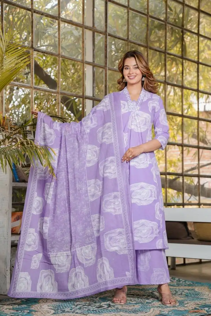 Cotton a-line kurti pant dupatta set