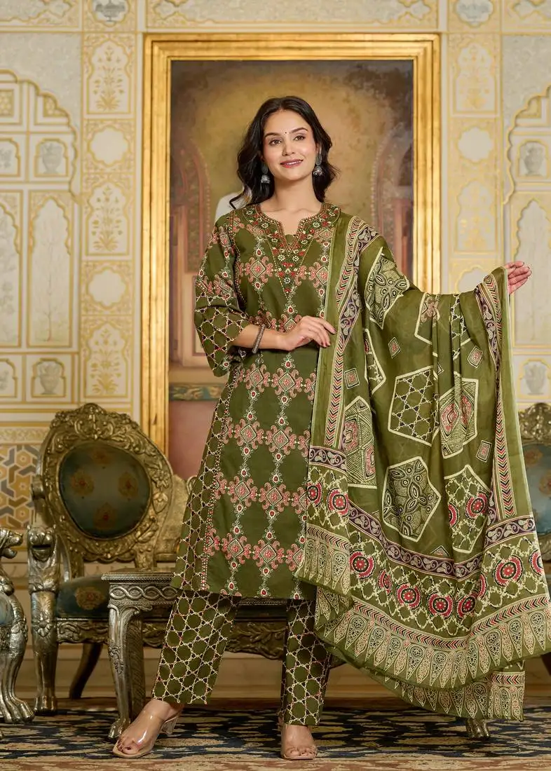 Cotton cambric straight kurti pant dupatta set