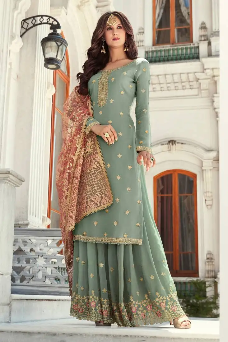Blue zari embroidery and dimoand georgette straight palazzo- full stitched