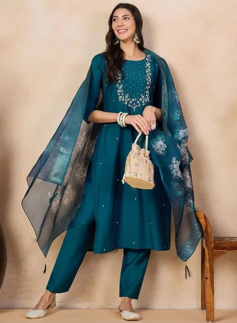 Aqua blue color rayon slub fabric embroidery work kurta set with chanderi jaquard dupatta
