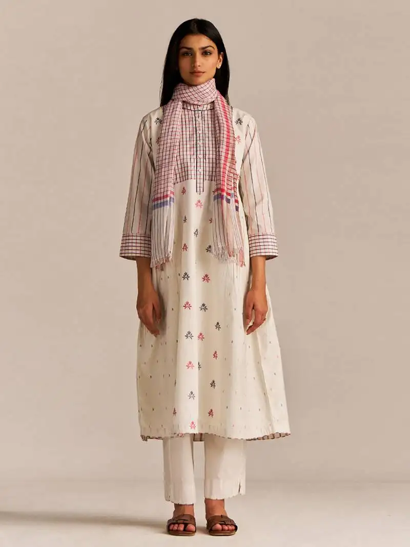 Off-white cotton embroidered kurta set