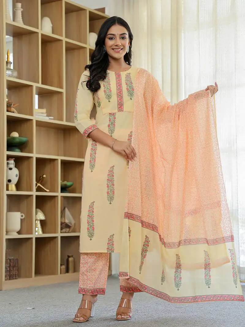 Cream cotton straight ethnic motifs kurta dupatta set