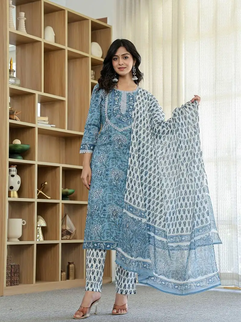 Sky blue pure cotton straight kurta dupatta set with lacework